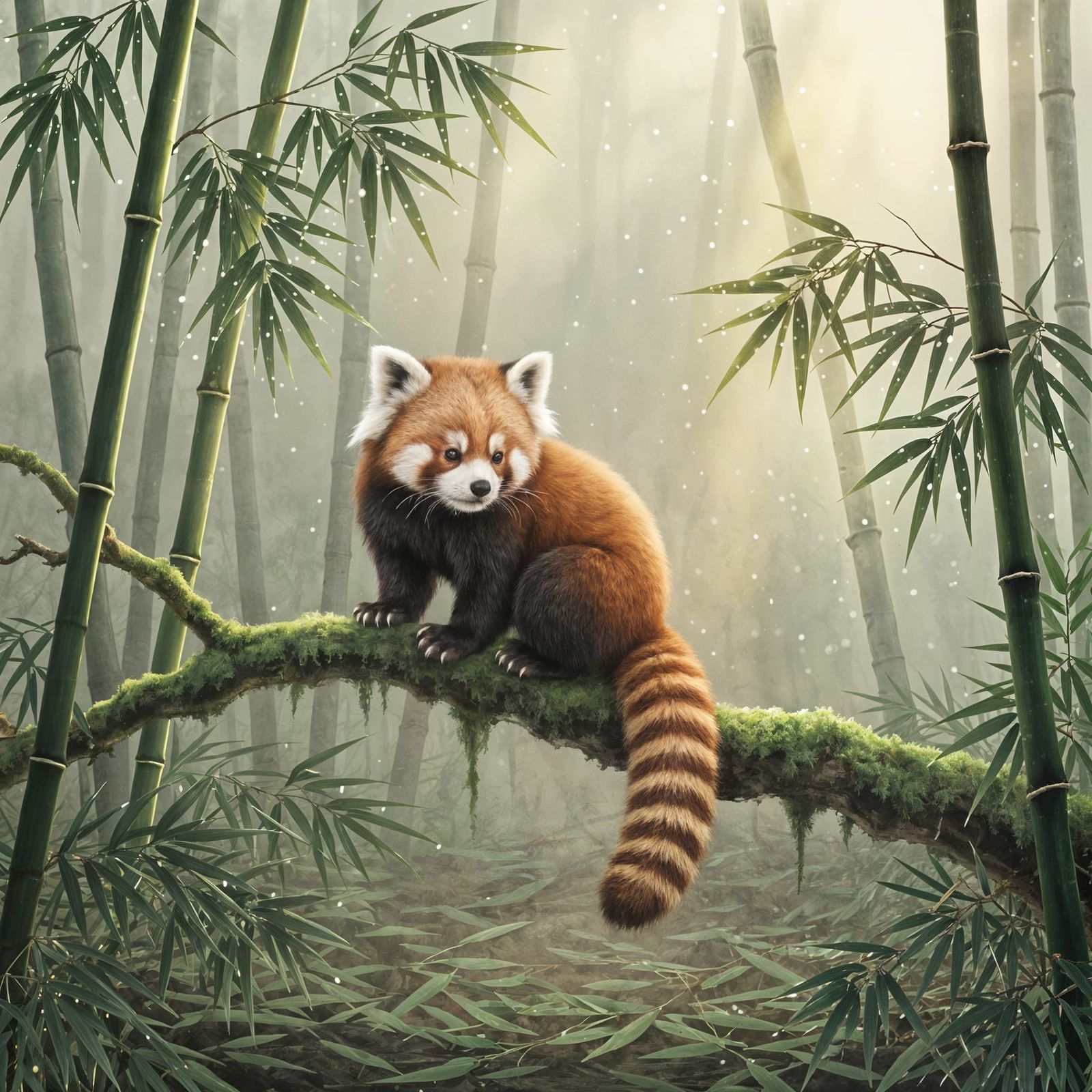 Red Panda in Misty Bamboo Forest: Chinese Brush Painting