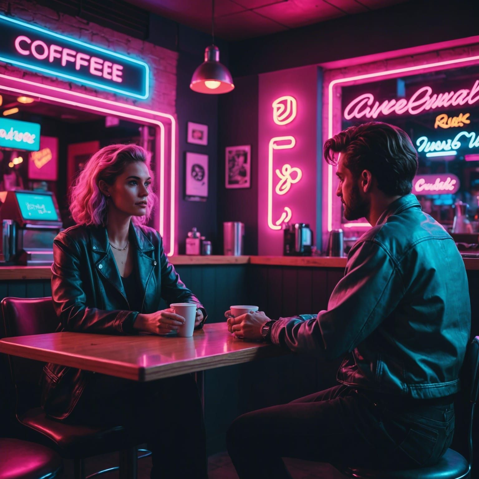 Neon Coffee Shop Encounter in Retro Style