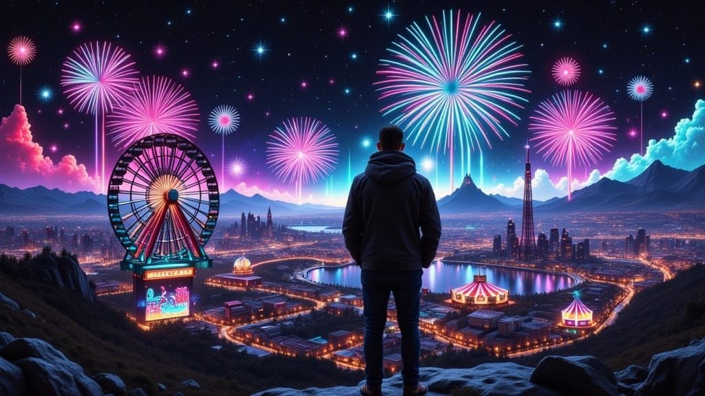 Futuristic Amusement Park at Night, Gazing Out from Ferris W...