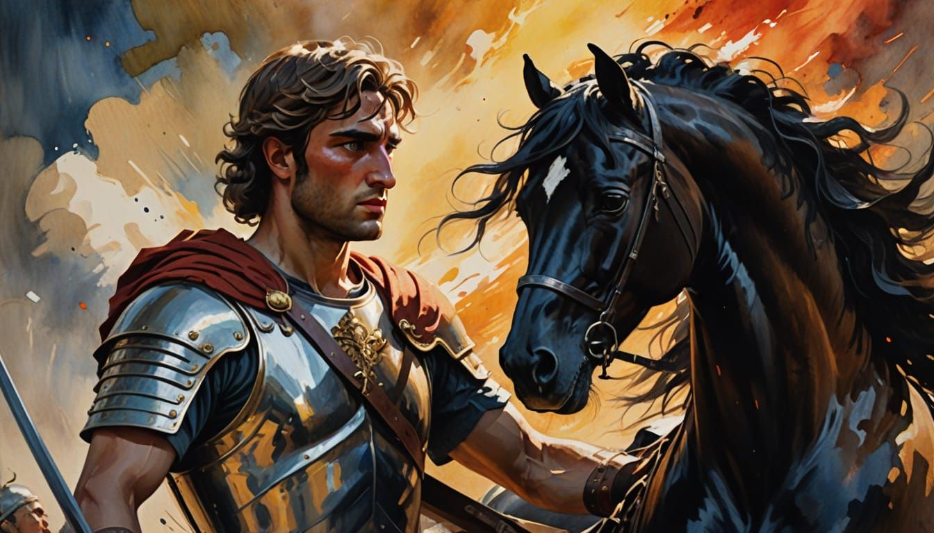 Alexander the Great Tames Bucephalus: Gouache Impression