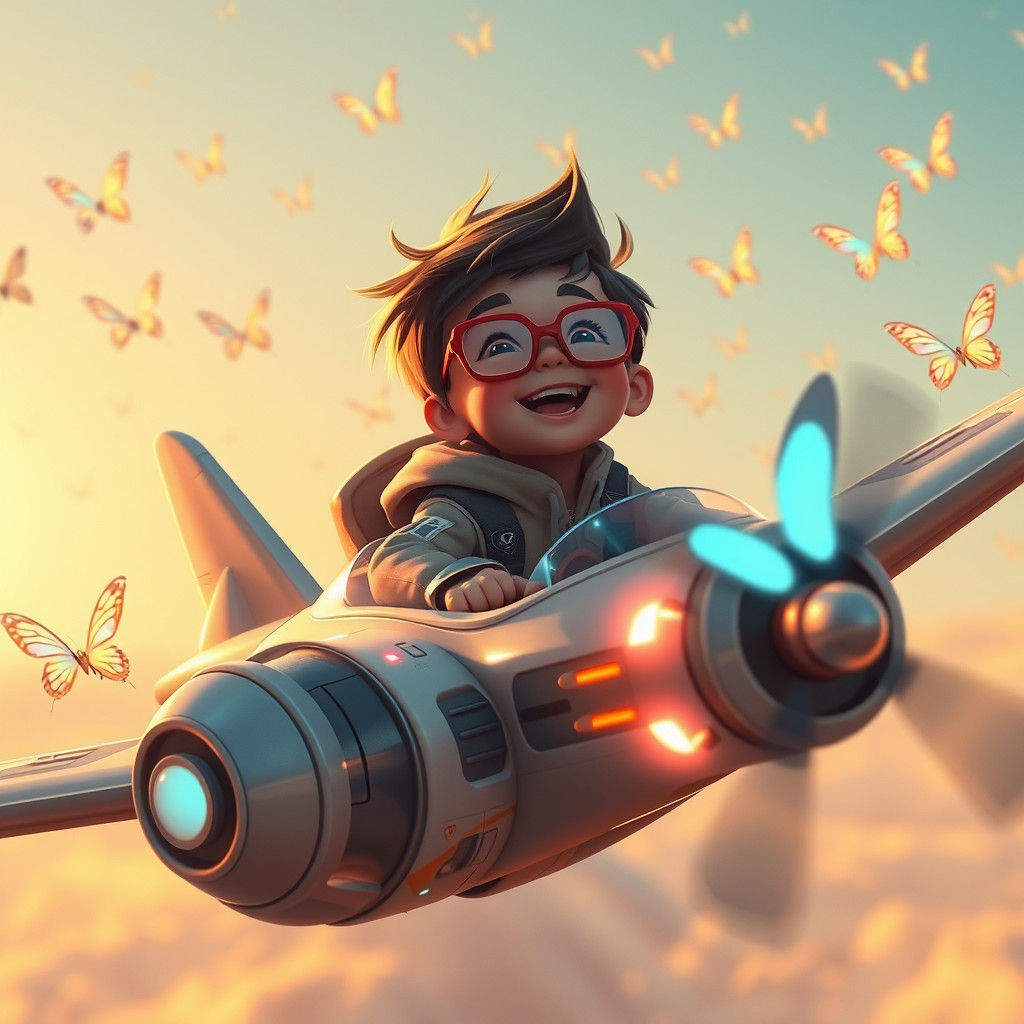 Whimsical Boy Soars Through Retro-Futuristic Landscape