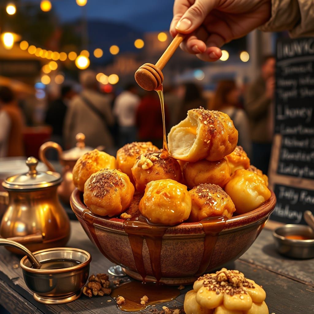 Greek Loukoumades in Warm Nighttime Athens