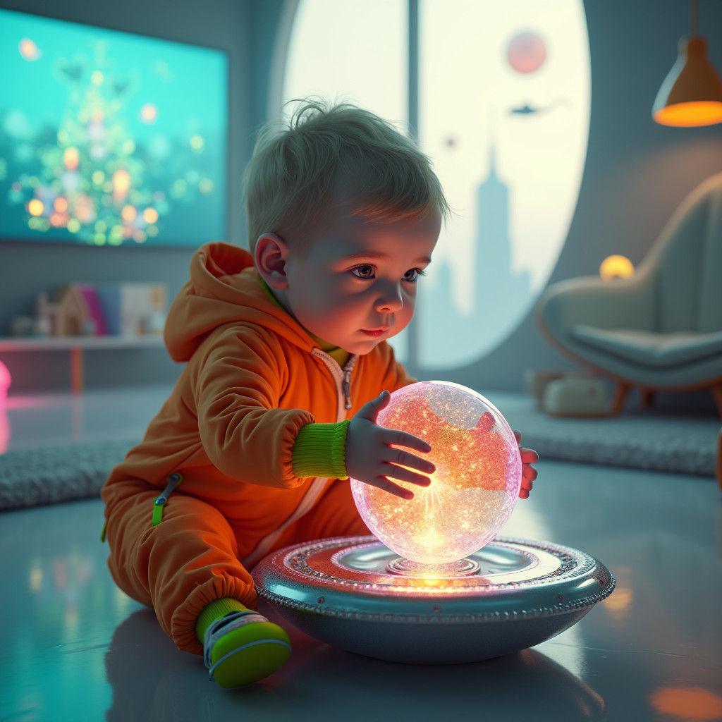 Child in a Futuristic Playroom with Holographic Orbs and Cit...