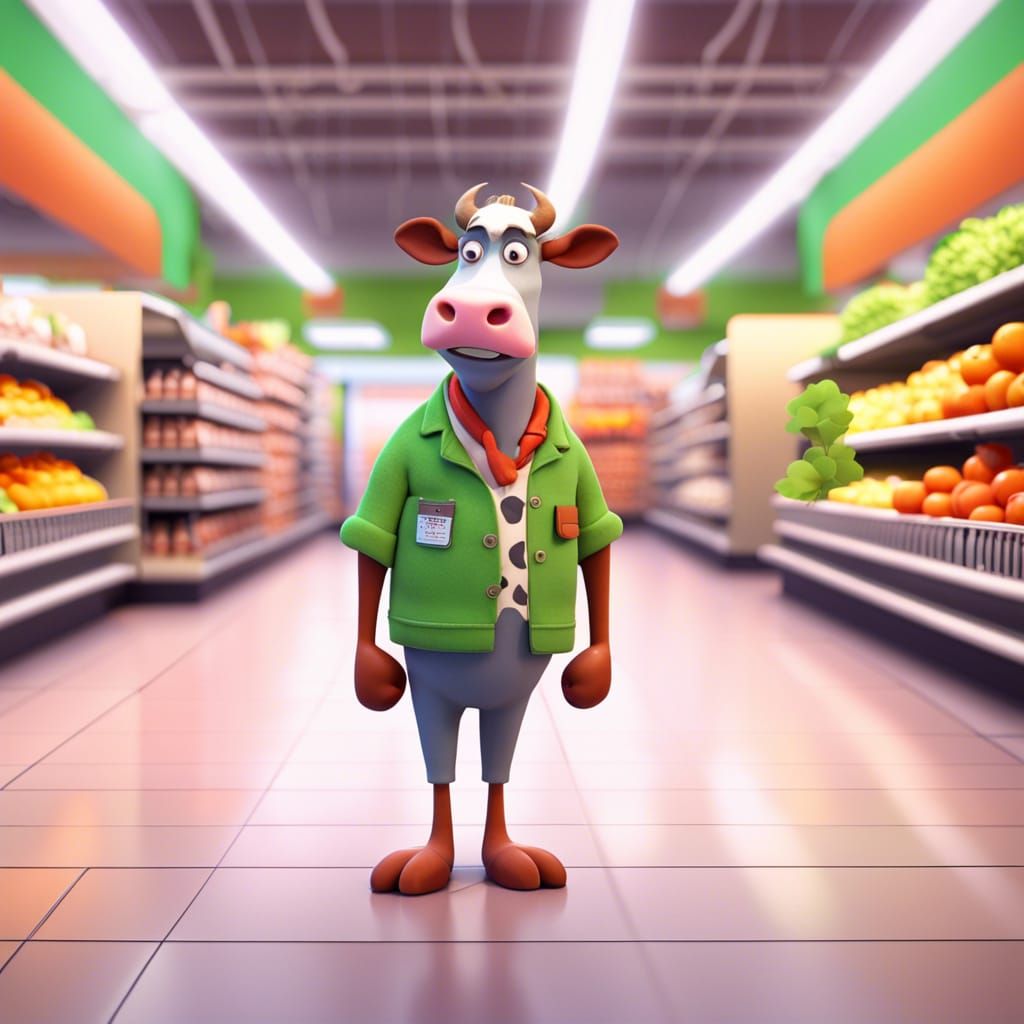 A Stylish Cow Shops for Veggies in a Bright Grocery Aisle