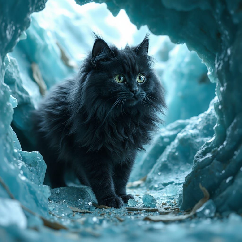 Blue Fluffy Cat Exploring Crystal Cave in 8k