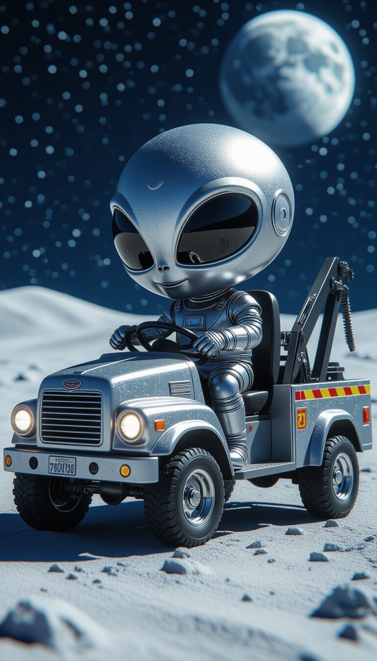 Chibi Alien Tow Truck Driver on the Moon