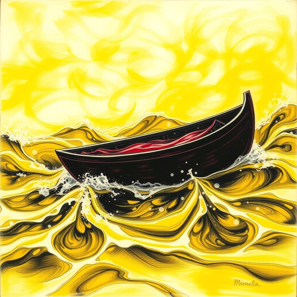 Red Wine Boat on Limoncello Sea Charcoal Drawing