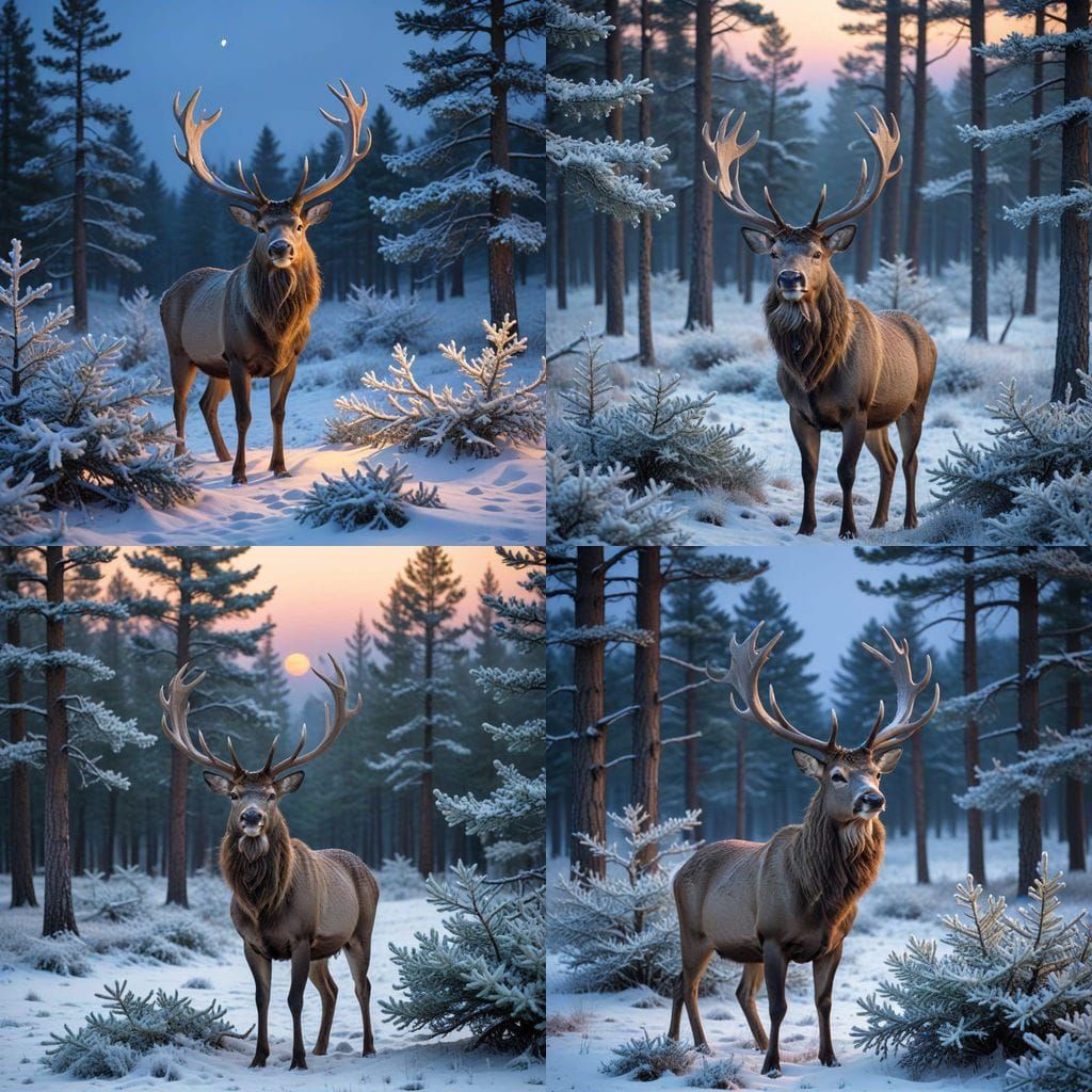 Stag in Snowy Winter Clearing at Twilight