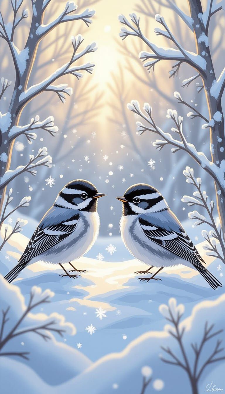 Blackpoll Warblers in a Whimsical Winter Landscape
