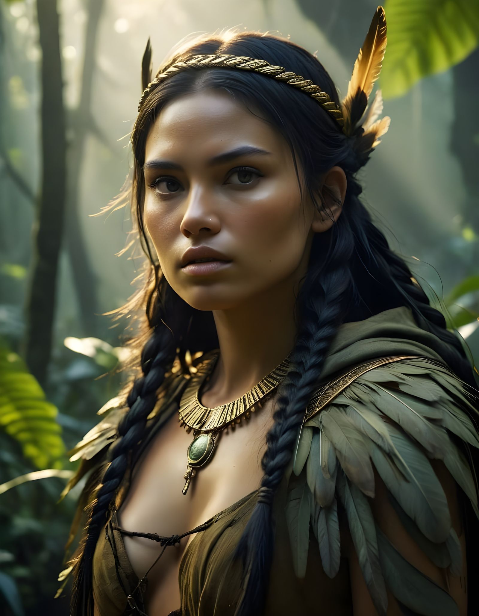 Confident Indigenous Warrior Woman in Rainforest Setting