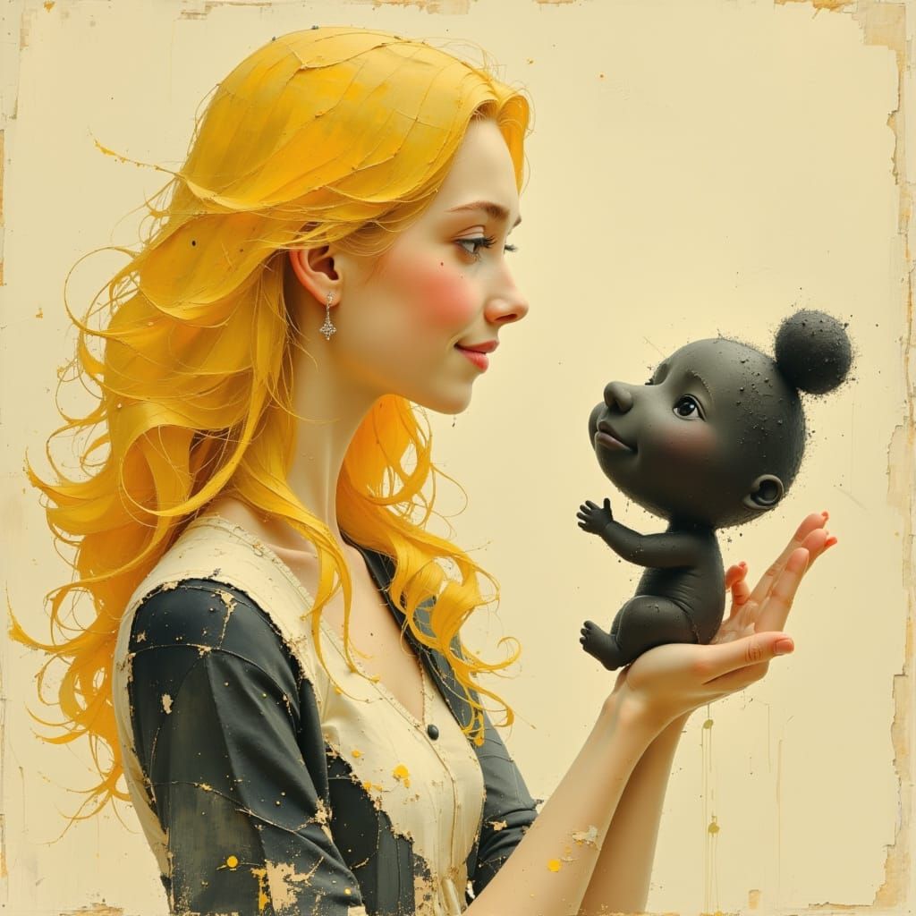 Whimsical Blonde Woman with Cabbage Patch Baby in Soft Water...