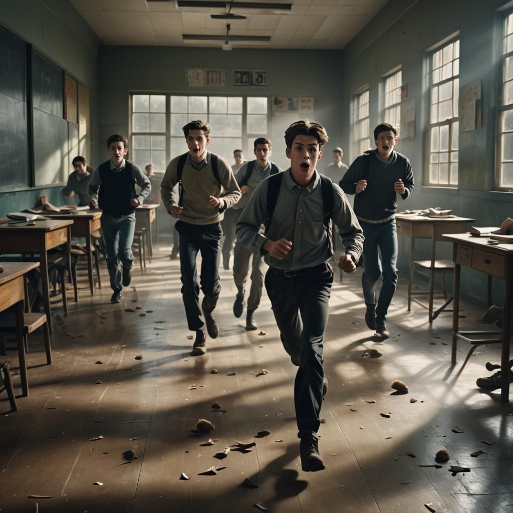 Men in Their 20s Chase a Mouse Through a Moody Classroom