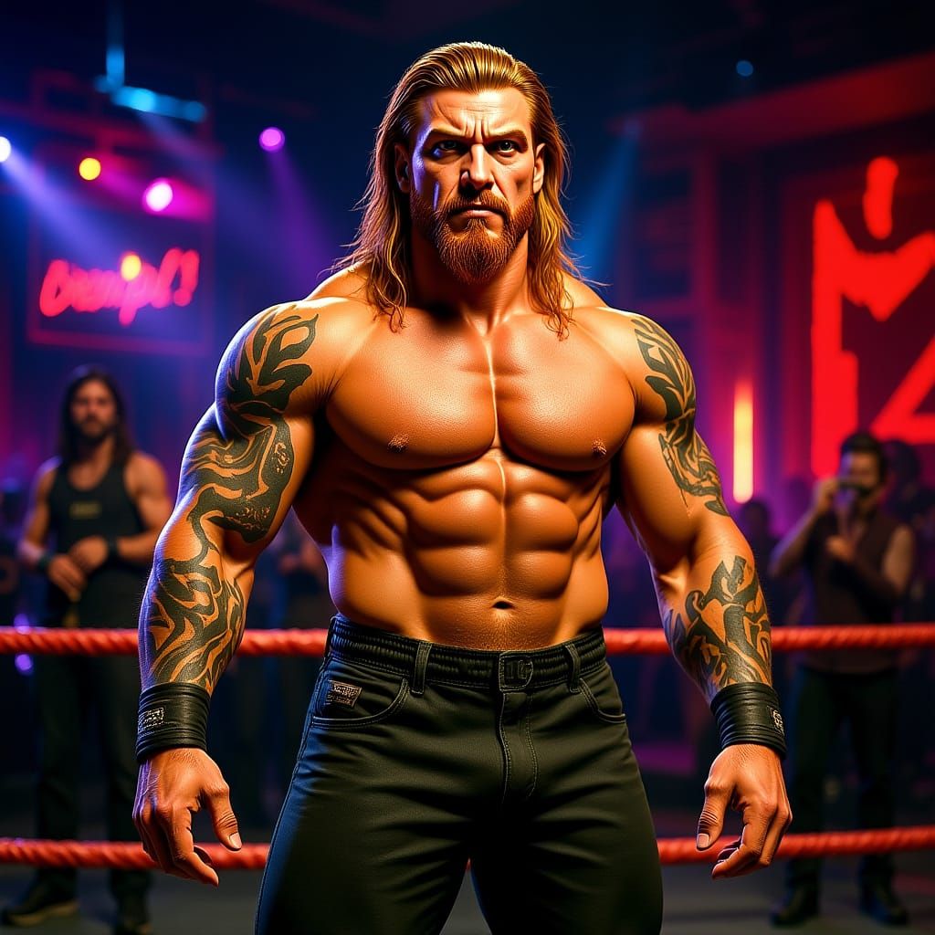 Triumphant Wrestler with Tribal Tattoos in Dark Fantasy Styl...