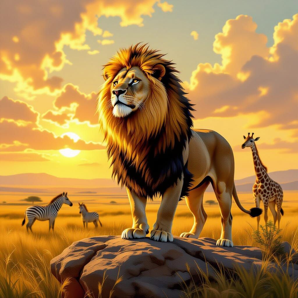 Golden Lion Overlooking Savanna in Digital Painting Style