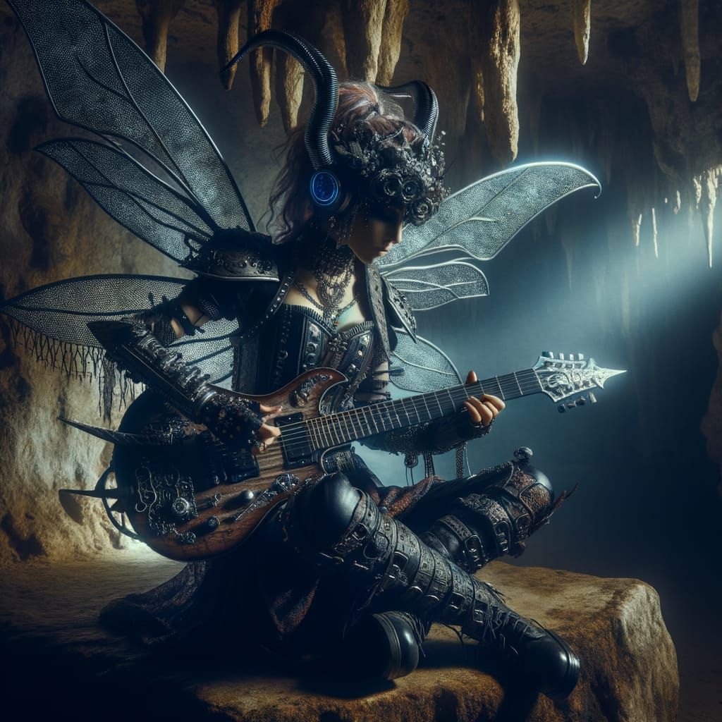 Rocker Fairy Shreds Guitar in Gothic Cyberpunk Cave
