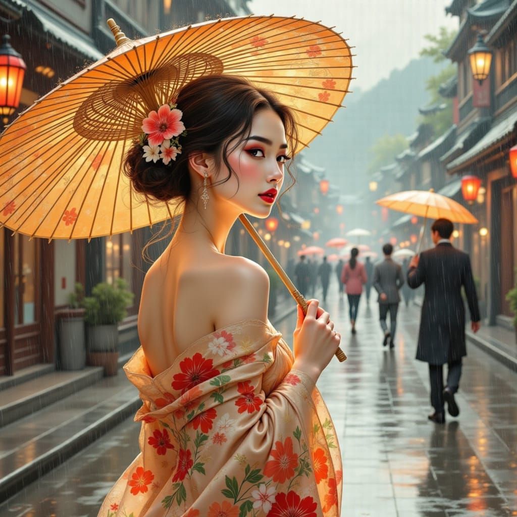 Ethereal East Asian Beauty Under Rainy Skies