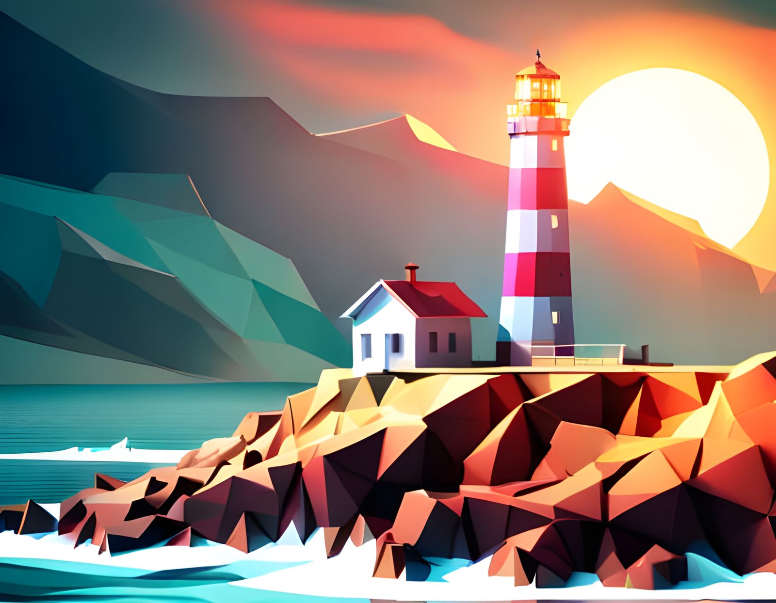 Stylized Low Poly Storm Over Lighthouse in Cinematic Lightin...