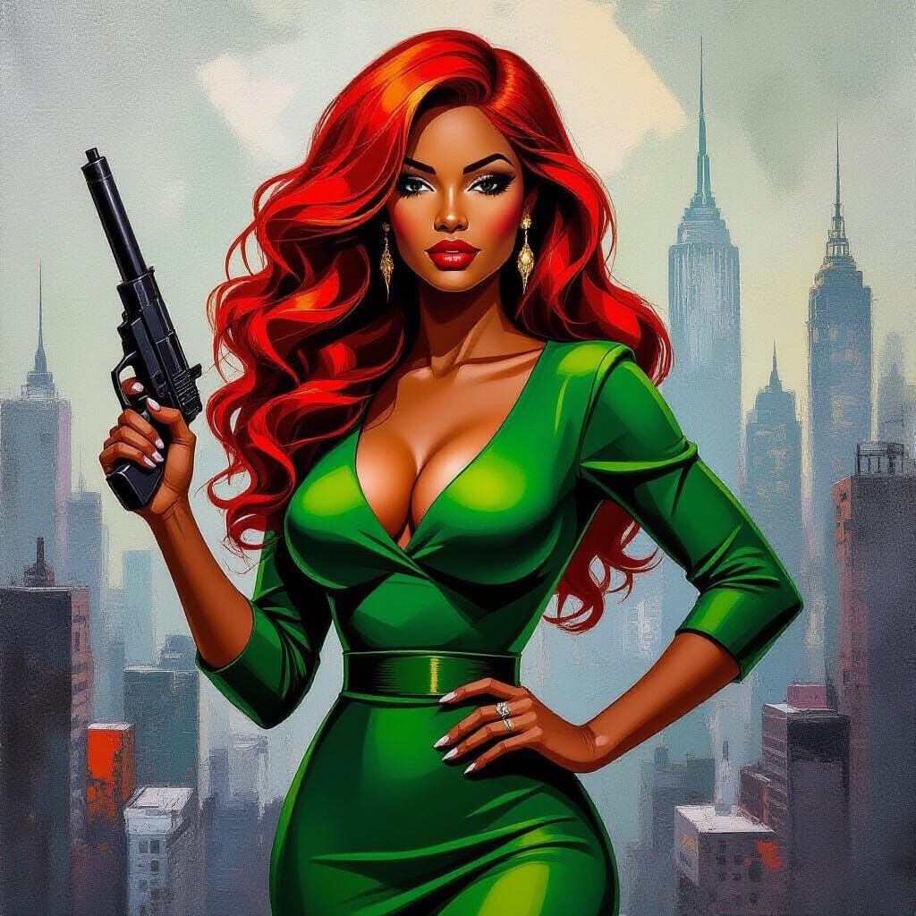 Afro Femme Fatale in Futuristic Cityscape Painting