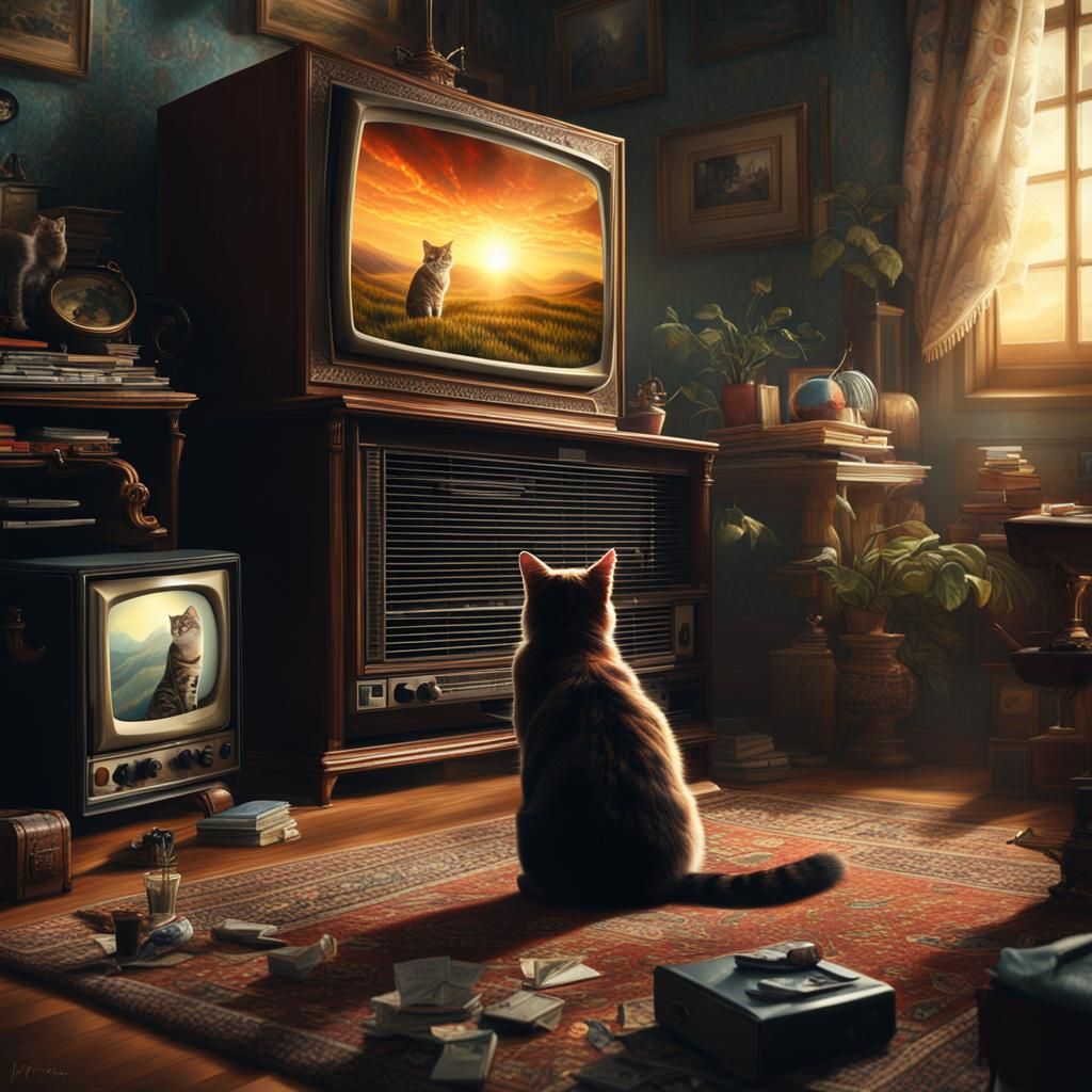Epic Cinematic Digital Masterpiece of a Cat's TV Spectacle