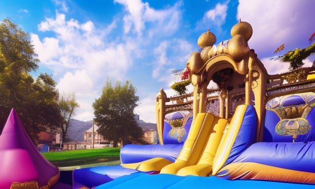 Epic Battle at Bouncy Castle in Art Nouveau Style