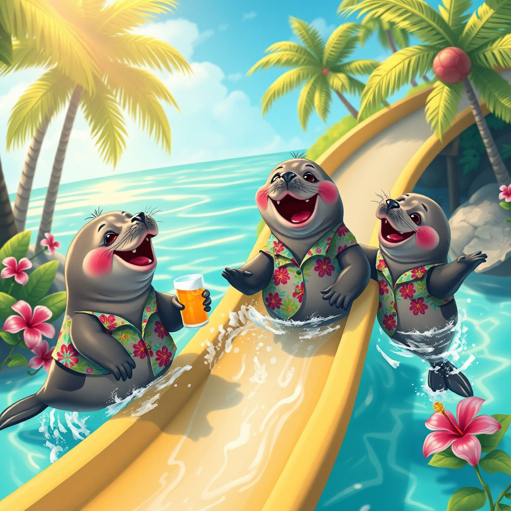Whimsical Tropical Paradise Scene with Sea Lions in Hawaiian...