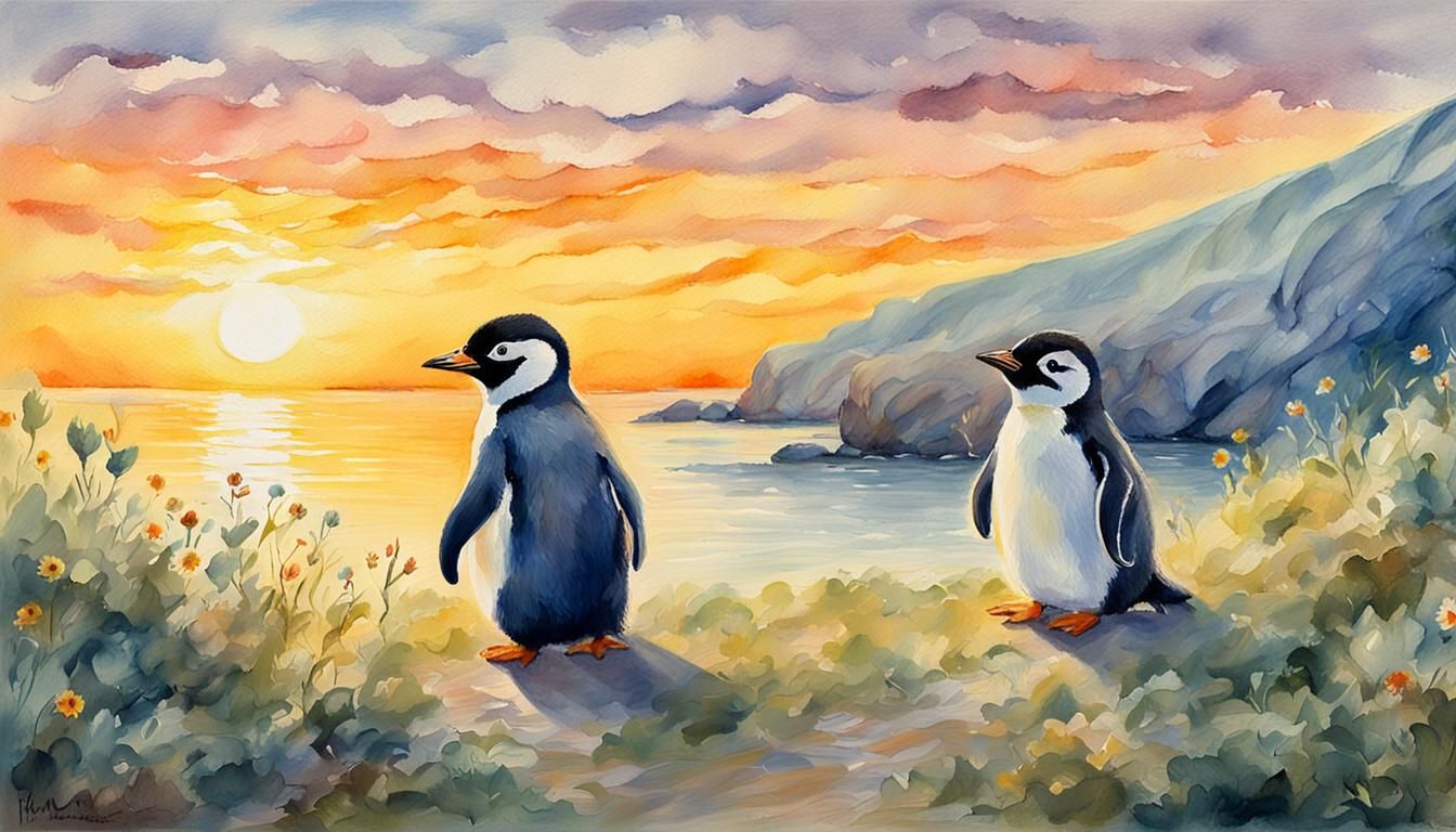Whimsical Penguin Basks in Sunbeam in Pastel Tones