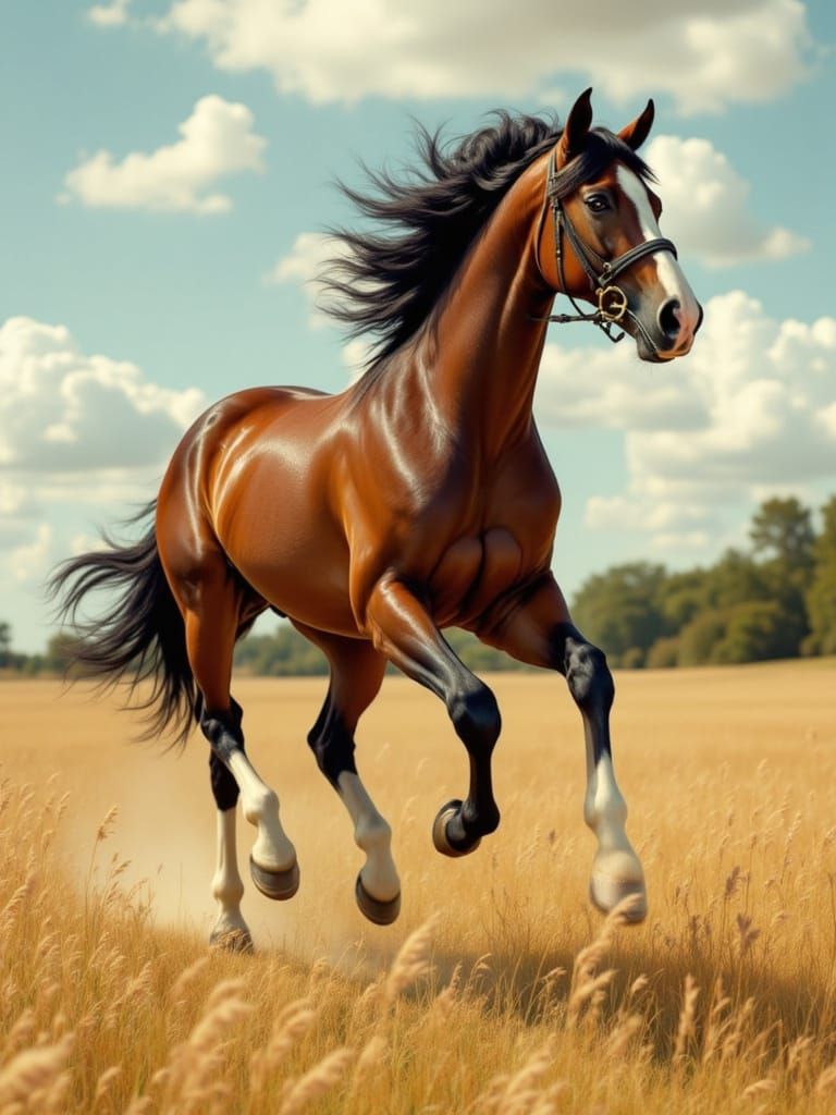 Pin-Up Horse Gallops Through Golden Wheat Field