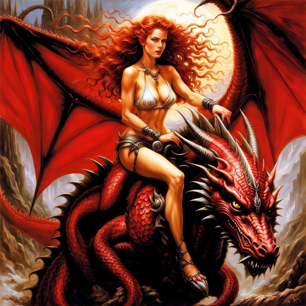 Sensual Red-Haired Woman Rides Majestic Red Dragon