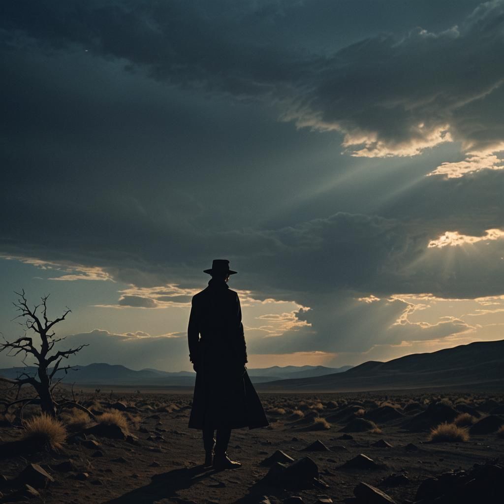 Mysterious Figure Dominates Desolate Landscape in Film Noir...