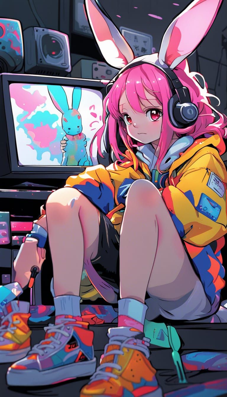 Anime Rabbit Children Watching TV in Cyberpunk Style
