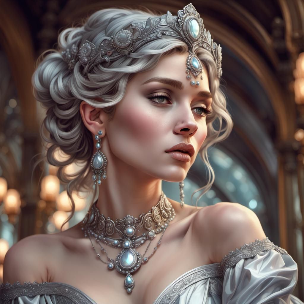 Surreal Silver Goddess in Gilded Age Splendor