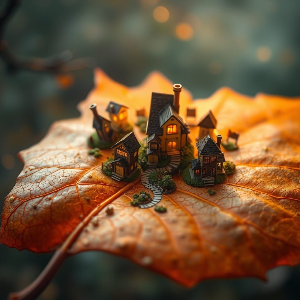 Cozy Village on Giant Autumn Leaf Floating in Golden Glow