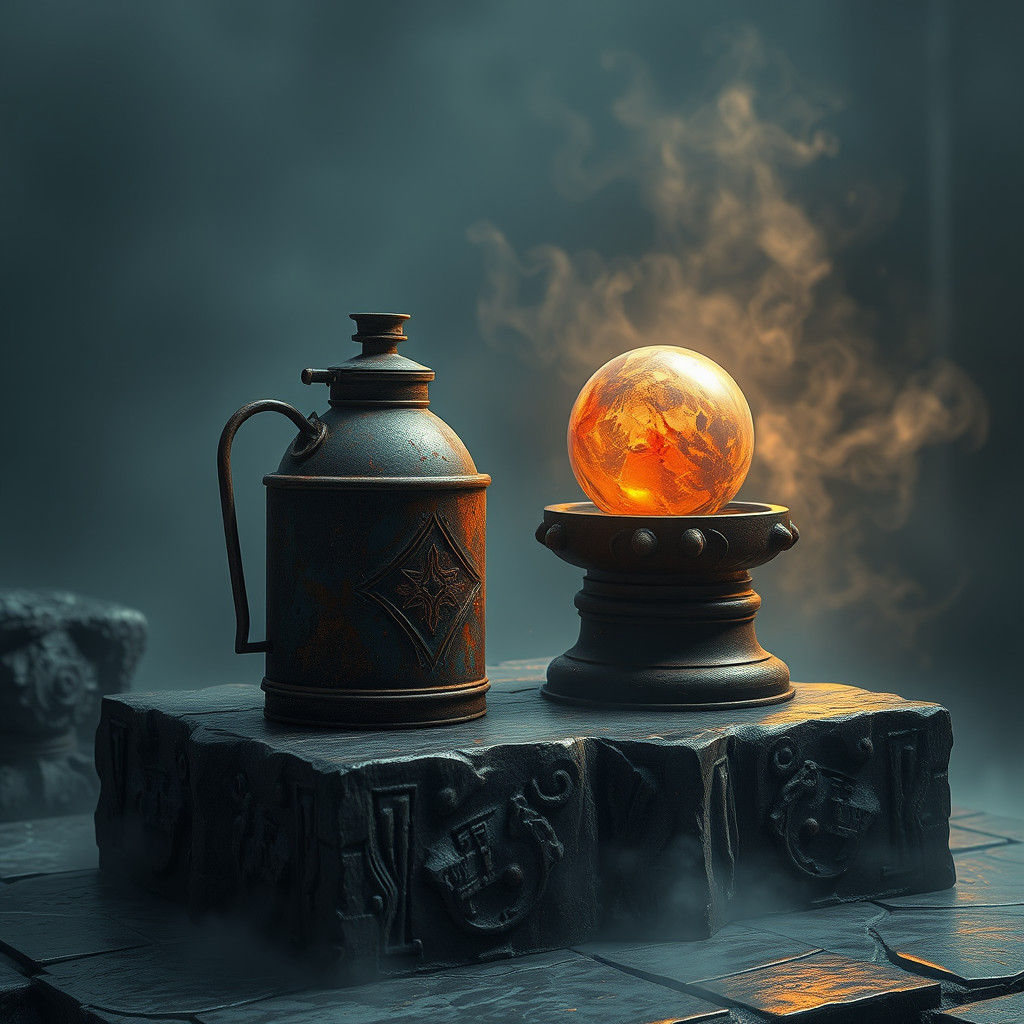 Rusty Oil Can Beside Celestial Orbs on Ancient Pedestal