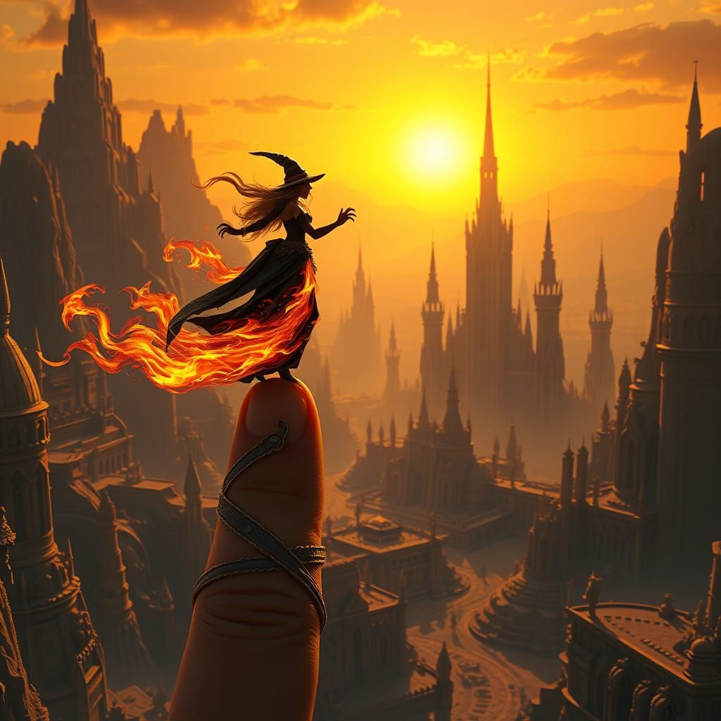 Mystical Flame Dancer on a Fantasy Landscape