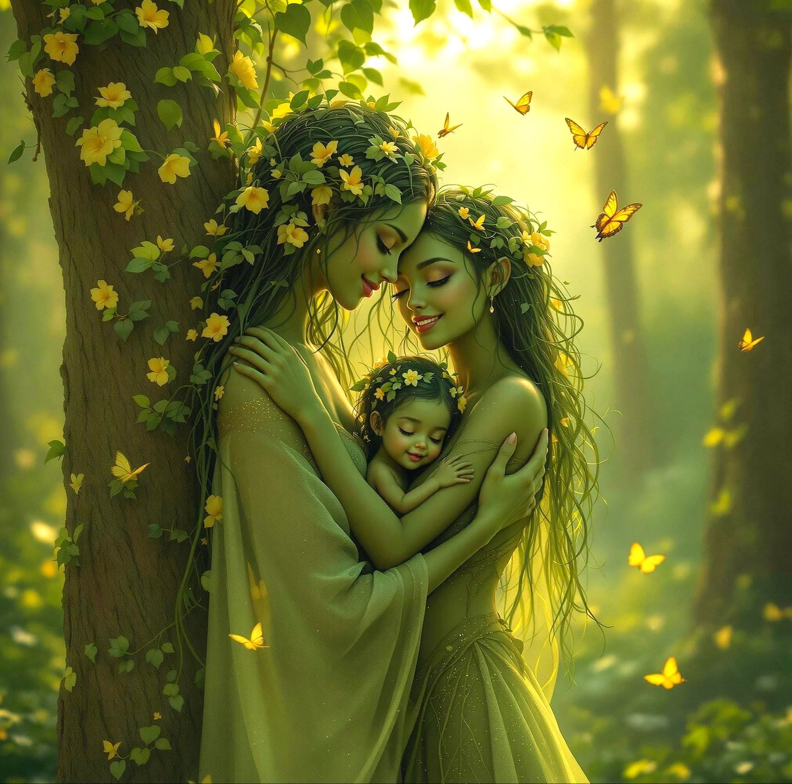 Ethereal Dryad Family in Whimsical Forest Setting