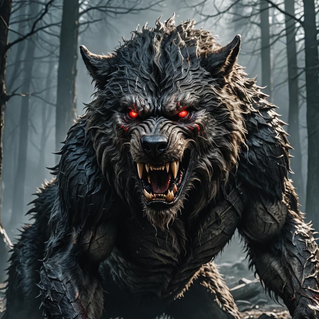 Grim, Fierce, Hairy Werewolf Stands Tall with Red Eyes