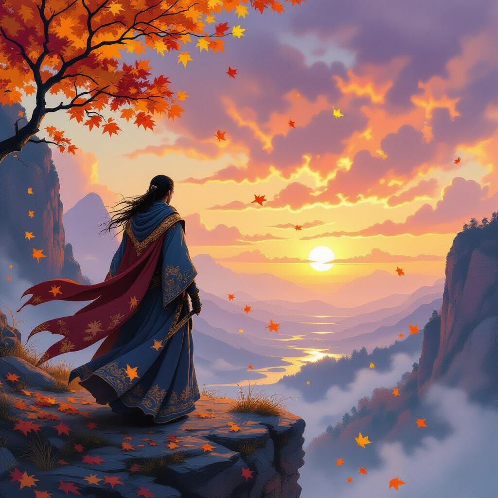 Lone Warrior Overlooking Mystical Valley