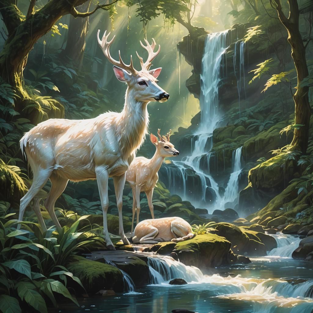 Fantasy Landscape with White Deer and Waterfall in Dreamy Br...