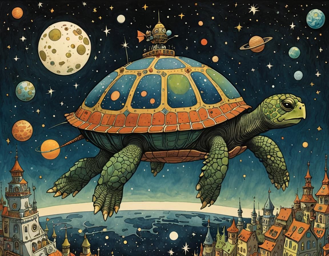 Whimsical Turtle Soars Through Cosmic Skies in Vibrant Color...