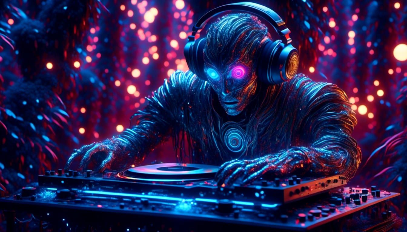 Dramatic Robot DJ in Vibrant Mid Shot