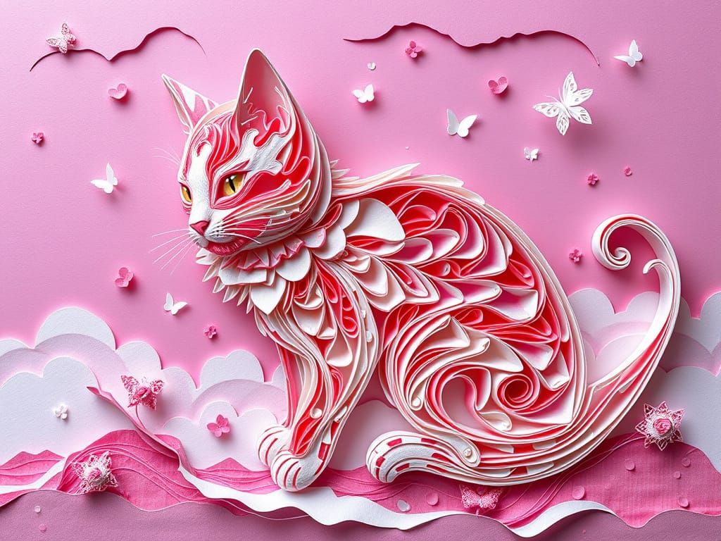 Whimsical Paper Cat Dreamscape: 3D Digital Art