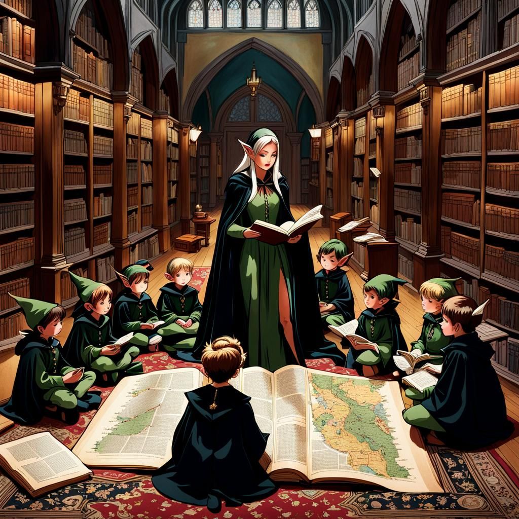 Whimsical Scene of Storytime in an Old Library