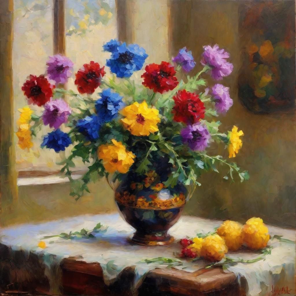 Thick Impasto Oil Painting of Opulent Floral Vase in Soft Af...