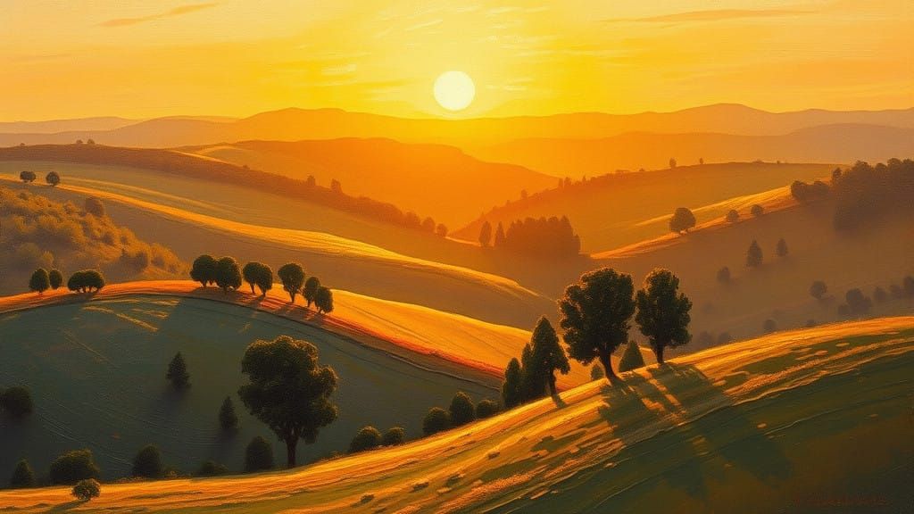 Luminous Golden Sunset Landscape in Impressionist Style