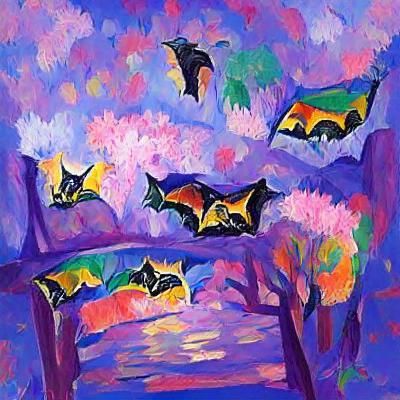 Vibrant Fauvist Bats in Mid-Air