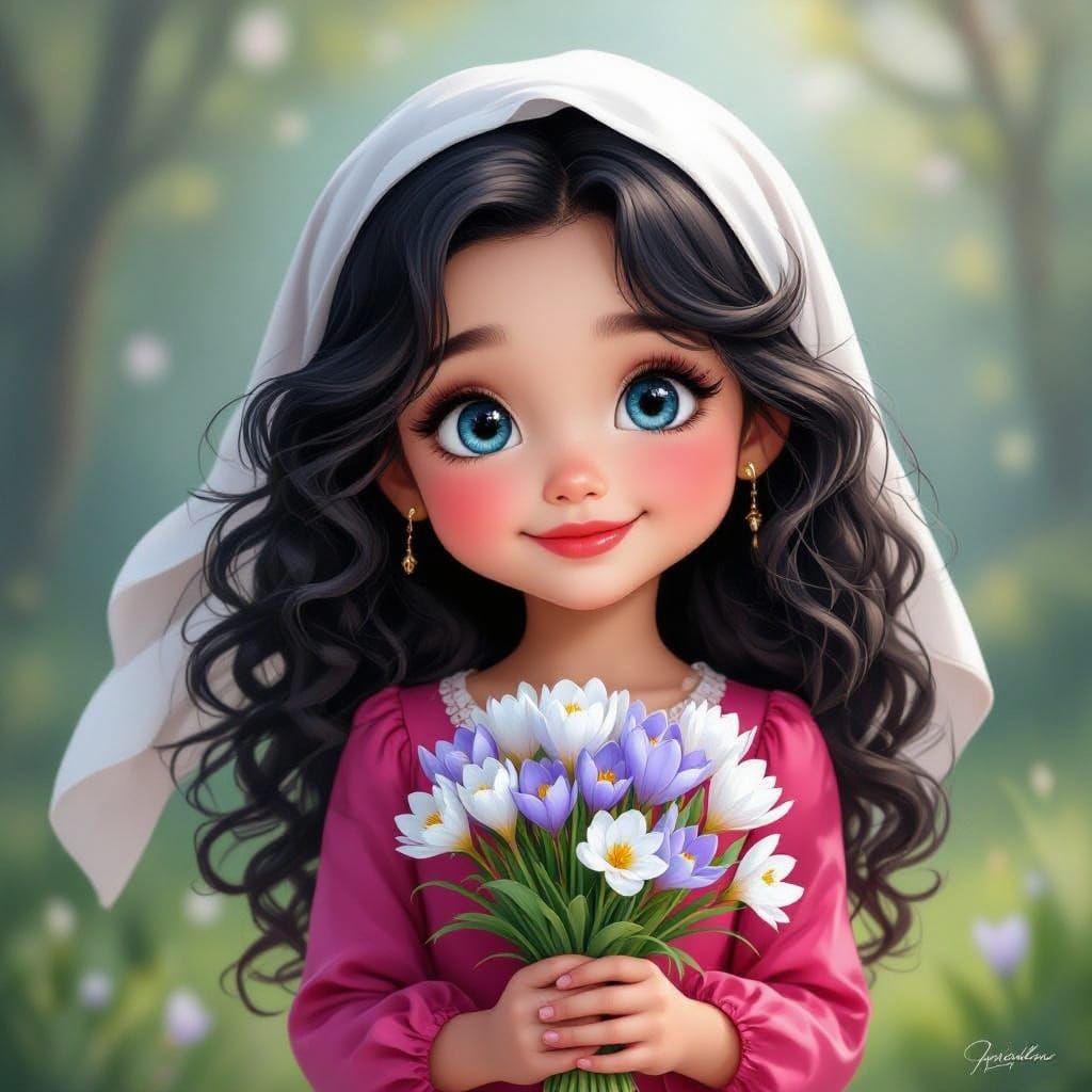 Whimsical Spring Girl with Crocuses and Flair