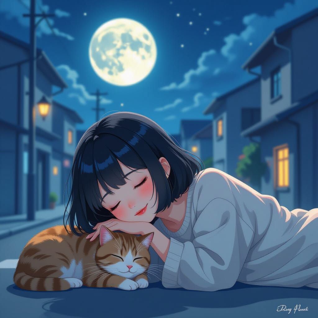 Mystical Anime Girl & Cat in Optimistic City at Night