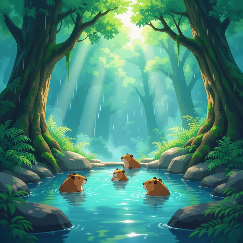 Capybaras in Forest Hot Spring, Ghibli-Style