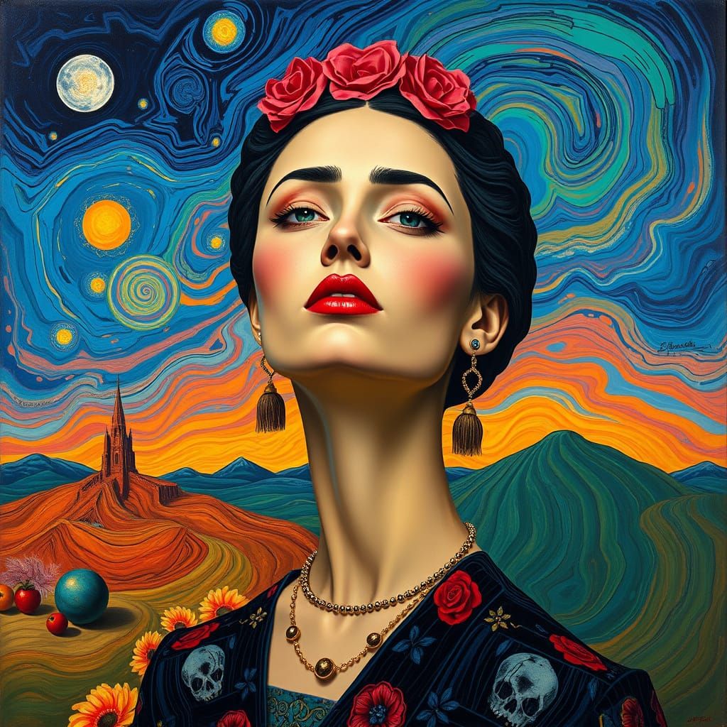 Surrealist Portrait of a Woman in a Dreamlike Night Sky