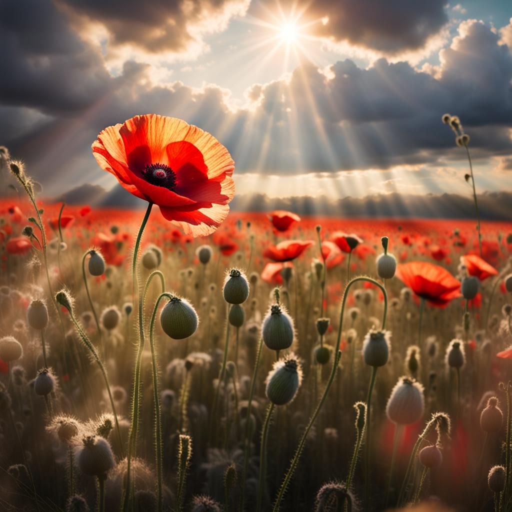Poppy Blooms Amidst Wartime Ruin in a Heavenly Aftermath
